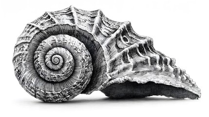 Detailed Monochrome Seashell Artwork with Intricate Textures and Dynamic Spiral Elegance in a Minimalist Composition