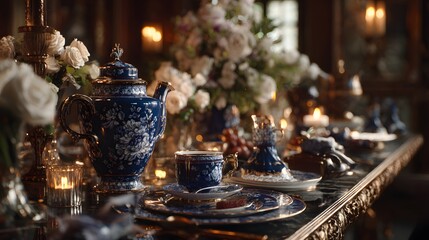 Exquisite Antique British Blue Porcelain Tea Set Arranged on Opulent Wedding Table with Timeless Vintage Elegance