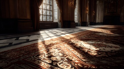 Majestic Interior Featuring a Sunlit, Richly Patterned Carpet with Complex Light and Shadow Interplay Enhancing Modern Architectural Design