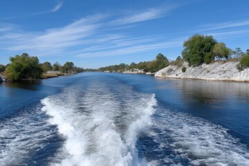 Scenic river landscape with clear sky and boat wake on a sunny day