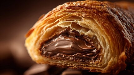 High-Resolution Detailed Capturing of a Golden Flaky Croissant with Lavish Molten Chocolate Filling and Intricate Warm Toned Layers in Elegant Gourmet Style