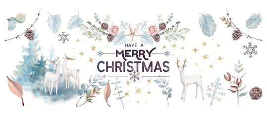 floral watercolour background. Christmas, New year, Holiday, winter illustration with animals, flowers, stars.