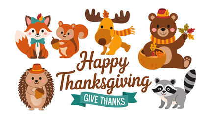 Adorable Cartoon Animals Celebrating Happy Thanksgiving with Give Thanks Banner and Festive Autumn Elements