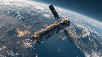 Sleek high-tech satellite orbiting earth amid twinkling stars
