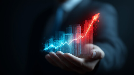 A person holding a glowing graph with buildings in their hand in the dark