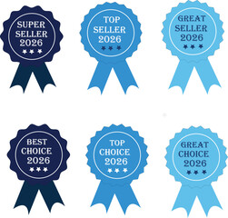 Set of blue vector award badges with ribbon designs, featuring top seller and best choice text styles, ideal for quality recognition, promotional displays, achievement graphics