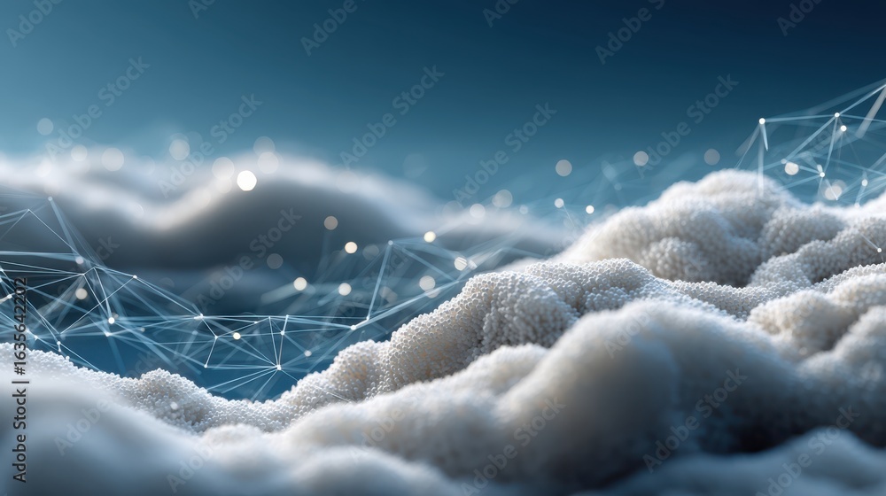 Poster a serene digital landscape featuring soft, textured clouds intertwined with glowing connections, cre