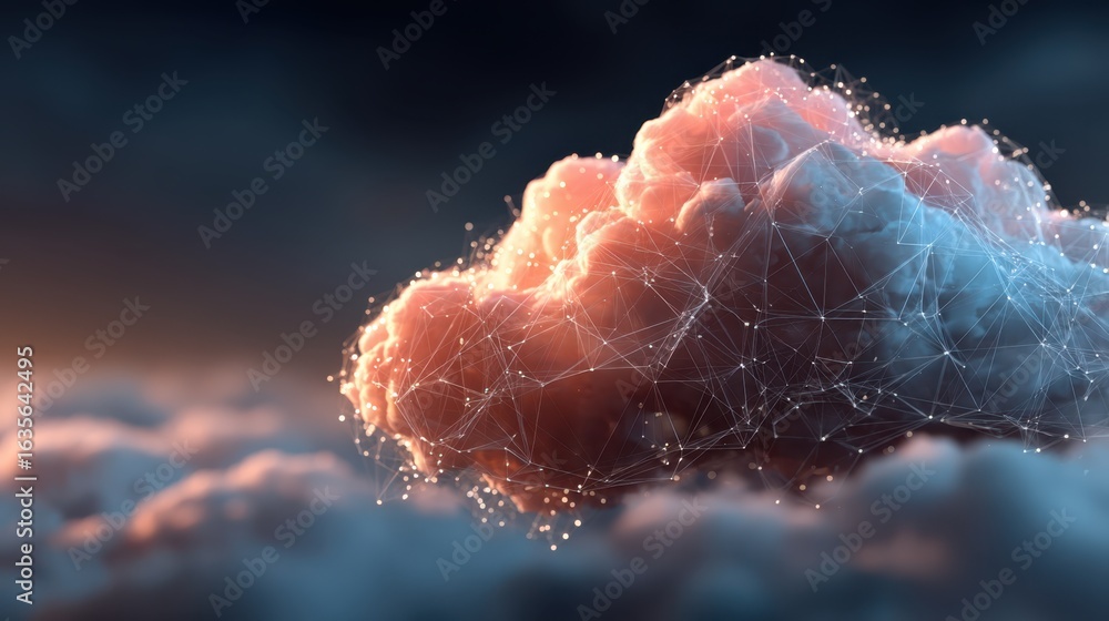 Poster a stylized cloud illuminated by soft light, featuring a network of connections, symbolizing technolo