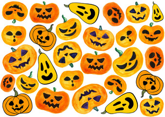 Set of Jack o lantern pumpkins. Stylized illustration. Randomly placed on white background. Different shapes with different faces. Orange, yellow, black, purple colors. Watercolors, computer graphics.
