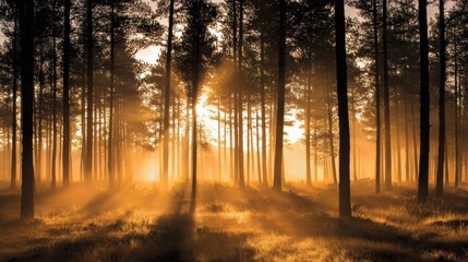 Obraz premium Sunrise Illuminates a Tranquil Forest With Golden Rays Filtering Through Tall Trees in the Early Morning Light