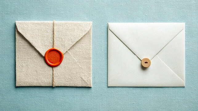 Two envelopes placed on a light turquoise fabric background.