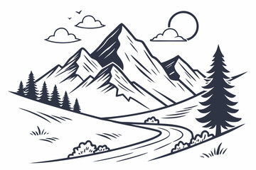 Black and White Mountain Landscape – Sun Rays, Winding Path, Pine Trees, Serene Nature Illustration
