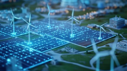 Renewable energy farm with wind turbines and solar panels.