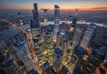Fototapeta premium Drone Delivery Over Urban Landscape