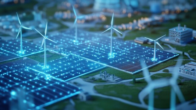 Renewable energy farm with wind turbines and solar panels.