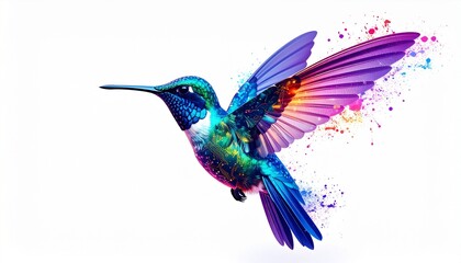 Fototapeta premium A radiant hummingbird mid-flight, its iridescent feathers dissolving into a burst of vibrant paint splashes—capturing the tension between precision and spontaneity, fragility and brilliance