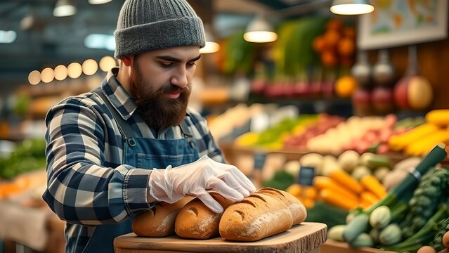 Baker arranging fresh artisan bread loaves in a market