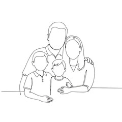 Line art family of four hugging at table, minimal black and white outline on transparent background