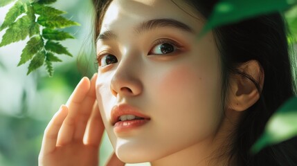 Close-up portrait of a young woman with natural light and foliage.
