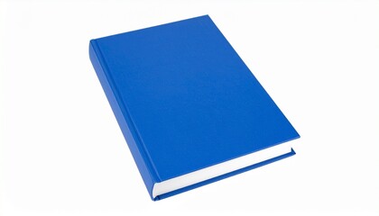 Fototapeta premium A closed blue hardcover book rests in quiet solitude against a seamless white background—its pristine surface concealing untold narratives, memory, and emotional architecture