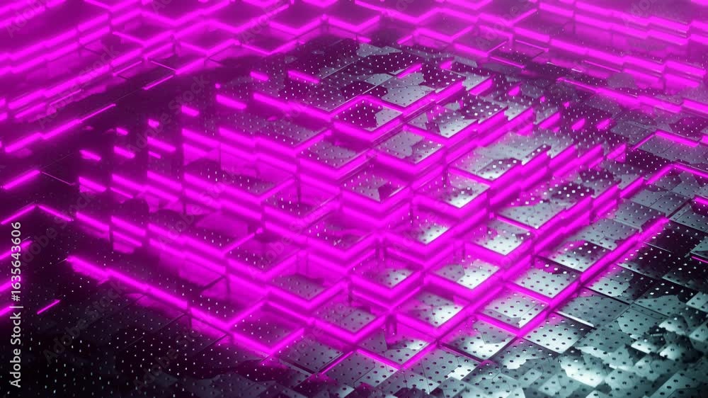 Poster 3d render of black background made of stack of metal neon pink cubes with central wave. simple techn