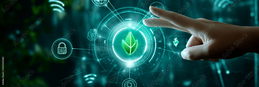 Poster hand interacting with glowing leaf icon surrounded by digital interface elements