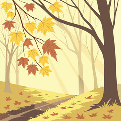A serene autumn landscape featuring falling leaves and trees in a golden hued forest setting scene view