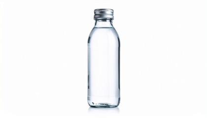 A clear water bottle stands upright against a seamless white background&mdash;its transparent form containing stillness, purity, and latent motion