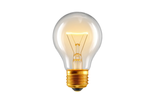 A light bulb is lit up and is sitting on a white background