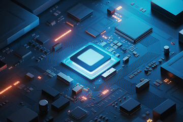 Blue digital computer motherboard with electronic components and processor chips, a representation of technology and hardware industry.