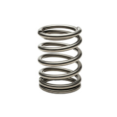 A meticulously crafted coiled reflective silver-tone metal spring with uniform, tightly wound helical coils, isolated against a pure, transparent studio background with shadowless lighting and