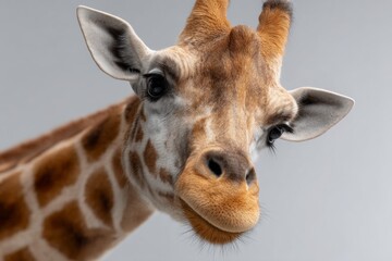 Close-up portrait of a curious giraffe on a neutral background
