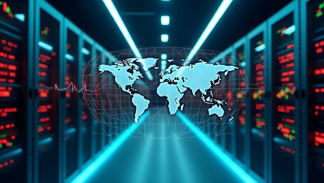 Global Server Network and Data Center. World Map Hologram in a Futuristic Server Room. - Powered by Adobe