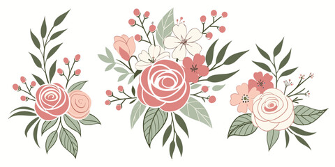 A seamless vector illustration of a pink rose and flower bouquet pattern, perfect for spring nature design