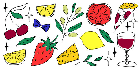 Amalfi whimsical food set with pizza, pasta and fruit sketch. Playful whimsical graphic with lemon and cocktail. Amalfi mediterranean food set for menu design. Vector illustration