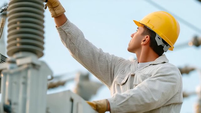 Technician Inspects High Voltage Electric Transformer Substation