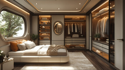 Compose an art deco closet scene with classic black, white, and silver tones