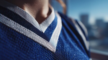 A close-up of a person wearing a blue sports jersey, highlighting the texture and details of the fabric and collar.