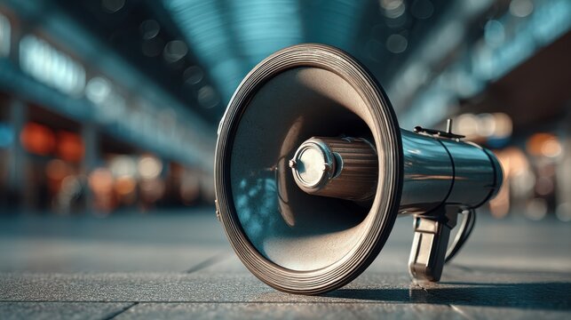 A close-up photograph of a megaphone on a floor, with a blurred background suggesting an indoor environment.