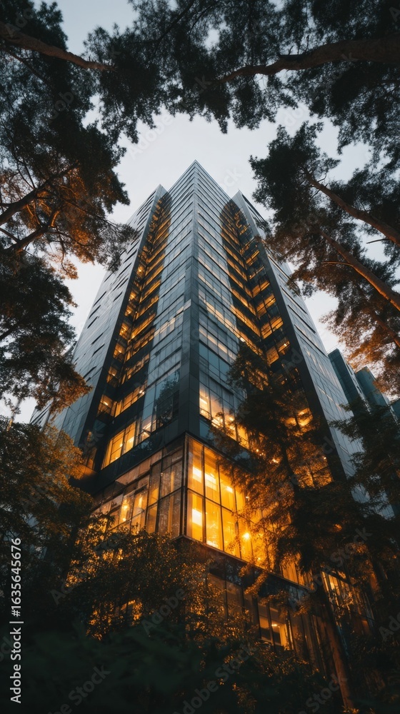 Poster a tall building with a lot of windows and a lot of trees in the background