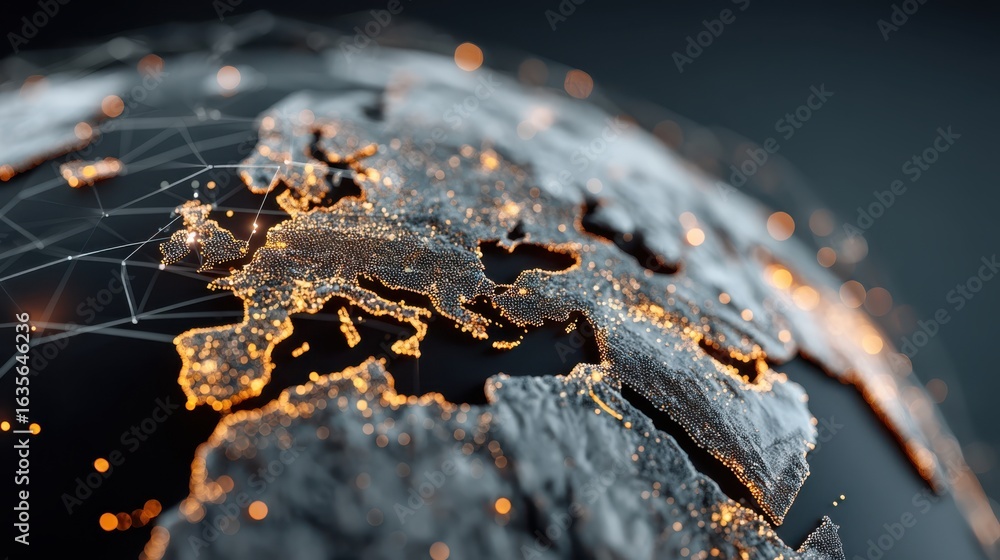 Poster a detailed, illuminated view of europe from space, showcasing interconnected networks and geographic