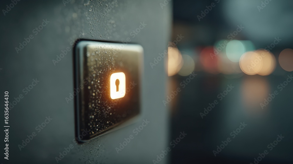 Poster a close-up of a glowing lock icon on a wet surface, with blurred colorful lights in the background, 