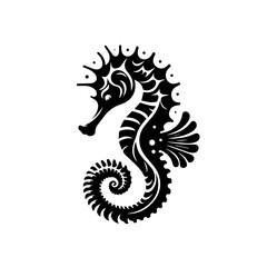 Elegant seahorse silhouette isolated on white background with intricate details