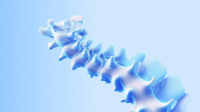 Abstract spine curvature illustration, medical blue tones, clean scientific diagram style, soft gradient background. 3d illustration. on blue background.