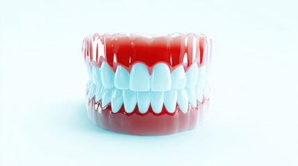 Obraz premium Artificial teeth on a white background with copy space. Full denture dentures close-up. Dental care concept. For dental clinics and treatments. 3d illustration. 
