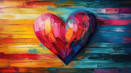 Painting of a heart on a colorful background with a red and yellow stripe