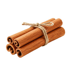 Three reddish-brown cinnamon sticks with bark textures, bound by rustic jute twine, isolated against a transparent background with shadowless studio lighting, 3/4 view, clean commercial product