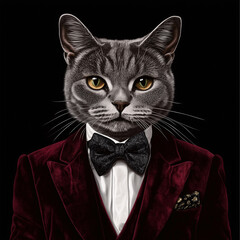 Cat in a burgundy tuxedo with bow tie on black background