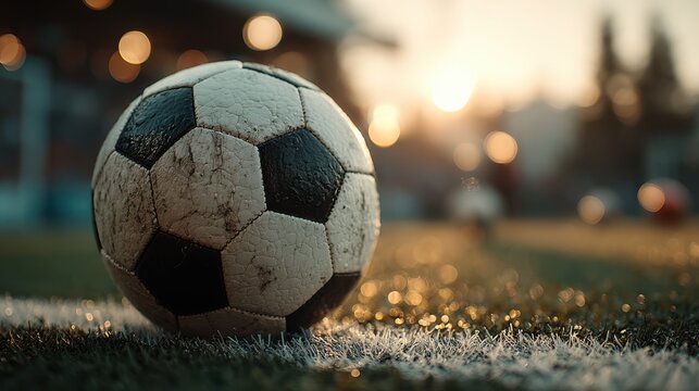 A close-up of a weathered soccer ball on the field, with a blurred sunset in the background, capturing the essence of the sport.