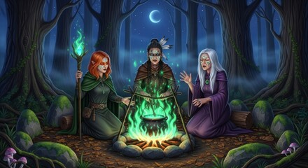 Three Witches Gather for a Midnight Ritual Around a Glowing Green Cauldron